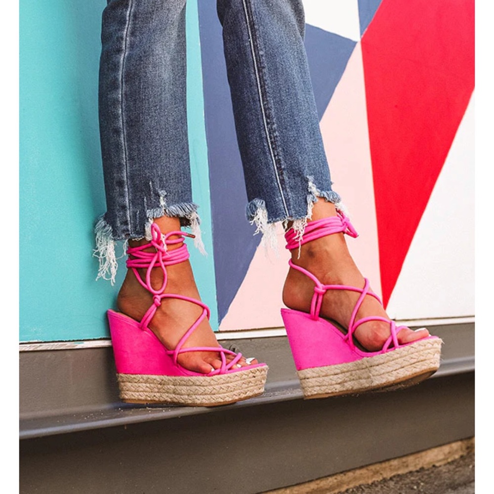Hot pink lace up wedge sandals